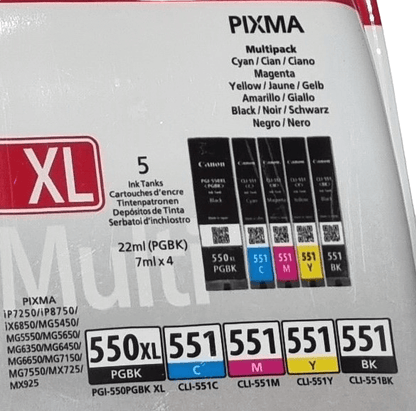 Canon PGI-550PGBK XLCLI-551 Multipack Ink Cartridges Close up View