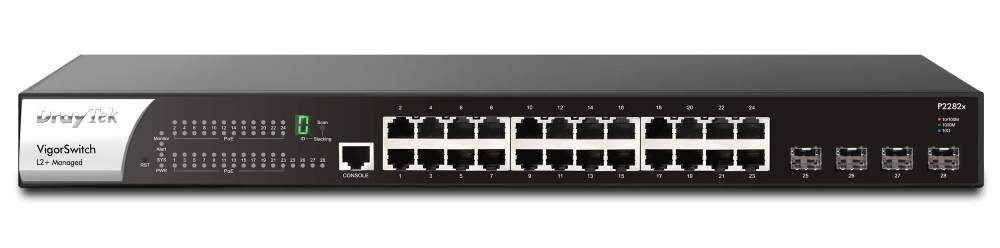 DrayTek P2282x VigorSwitch 24-Port L2+ Managed GbE PoE+ Access Switch With 4 x 10G SFP+ Ports Front View