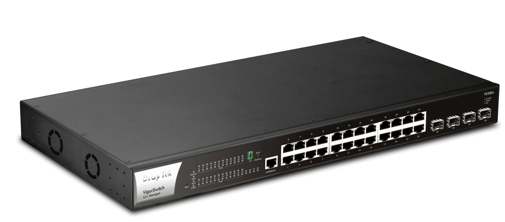 DrayTek P2282x VigorSwitch 24-Port L2+ Managed GbE PoE+ Access Switch With 4 x 10G SFP+ Ports Left View