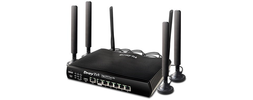 Draytek 2927Lax-5G Router with Wi-Fi 6 AX3000 and integrated 5GLTE modem Front View with Extra Antenna