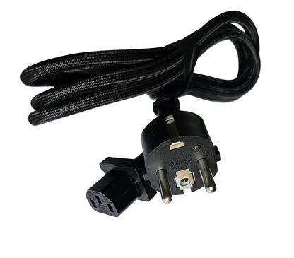 Black electrical power cord with plug on a white background