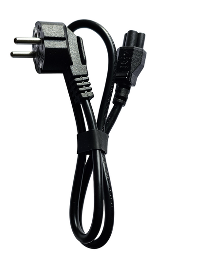 Black power cable with plug on a white background