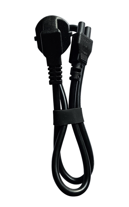 Black power cord with plug on a white background