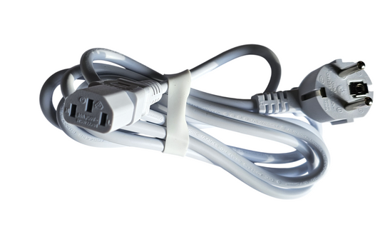 White electrical power cord with plugs on a white background