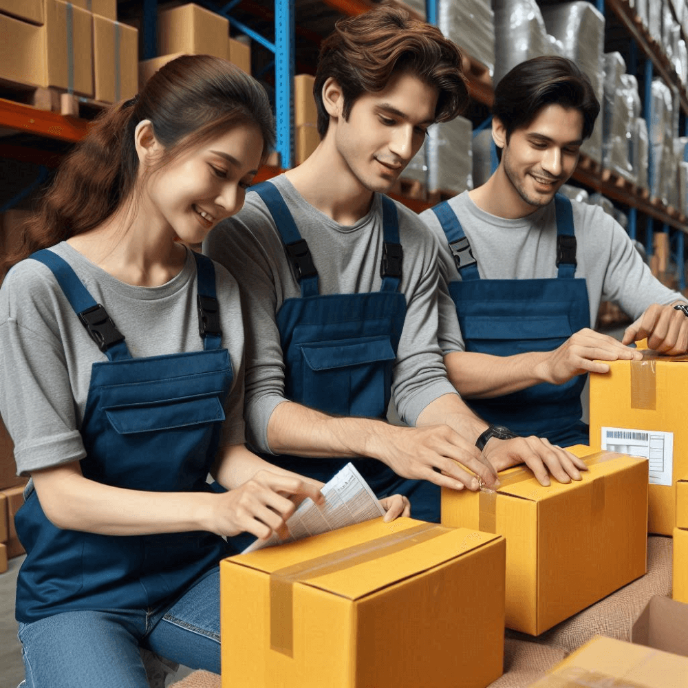 Family shown packing items in a warehouse