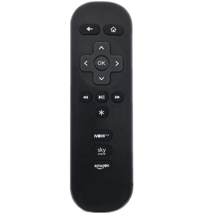 Black remote control with Amazon logo Sky Store and NOWTV Buttons on a white background