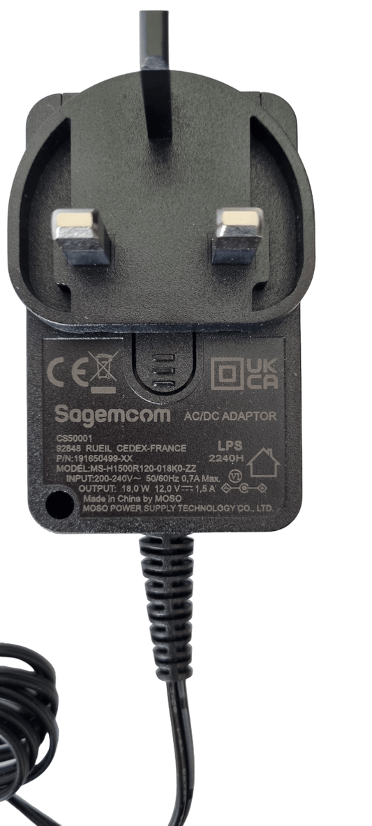 Sagecom AC DC Adaptor Power Supply CS50001 12V 1.5A by MOSO Front View