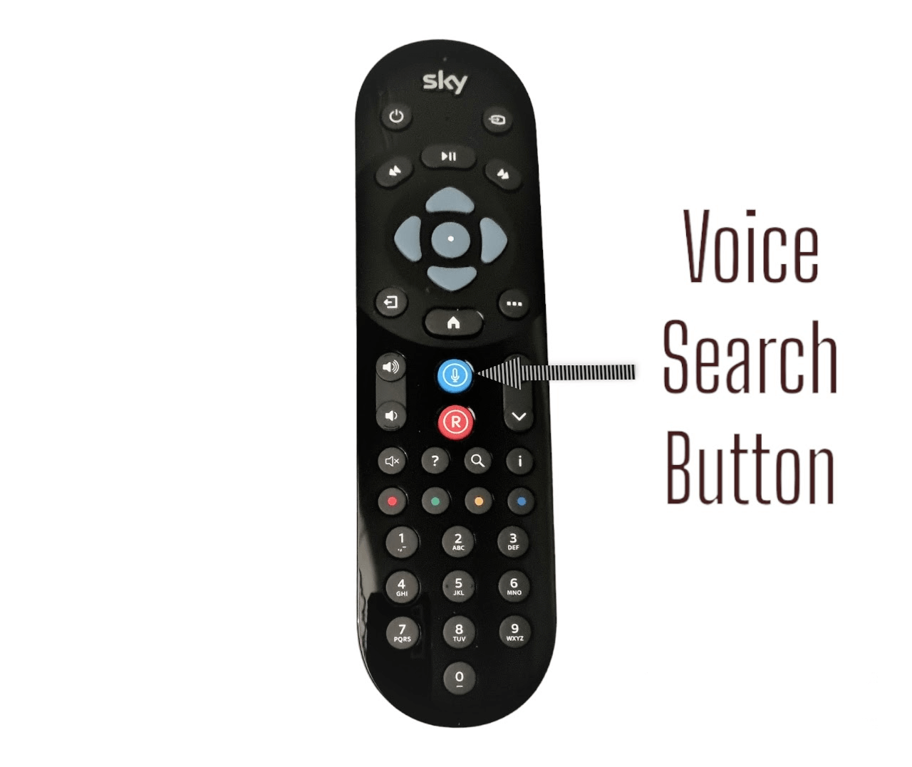 Sky Q Remote Control with Voice Control Bluetooth Replacement Front View Showing Arrow pointing to Voice Button