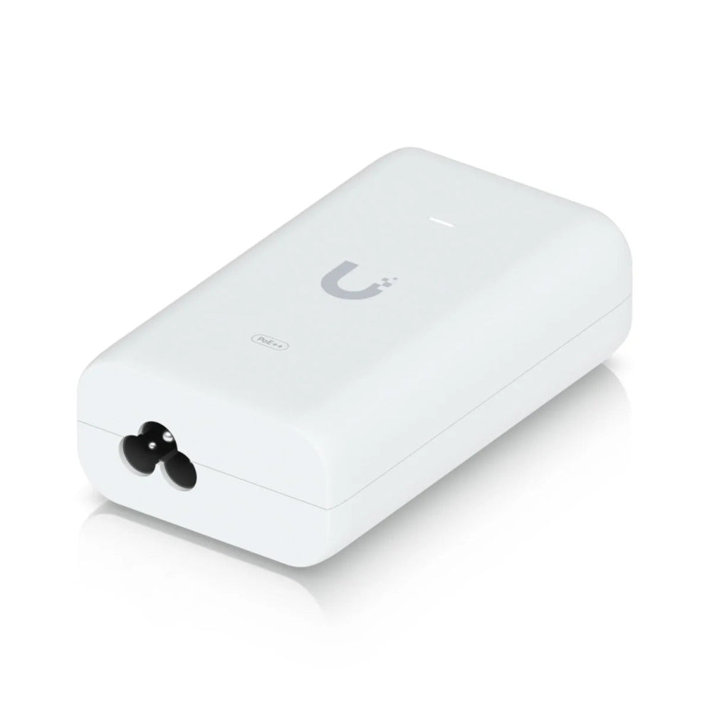 Ubiquiti U-POE++ 60W POE Adapter View Showing Clover Leaf Port and LED Status Light Illuminated