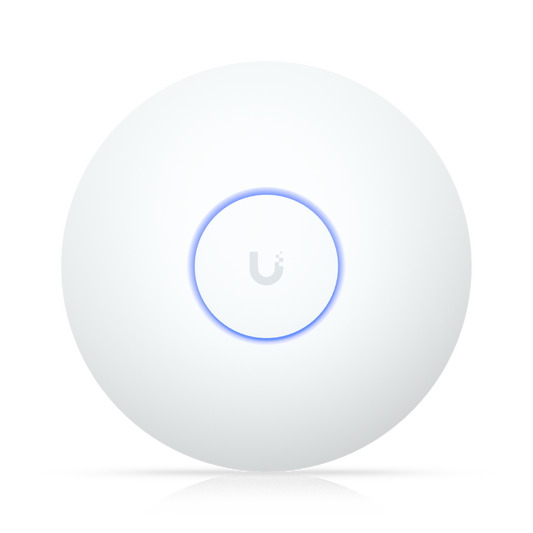 Ubiquiti U7-LR Long Range UniFi WiFi 7 Access Point Front View LED Glowing Blue