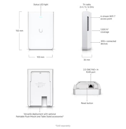 Ubiquiti U7-Pro-Wall Tri-Band WiFi 7 Access Point 10.7Gbps BE