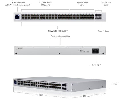 Ubiquiti USW-48-POE 48 Port Layer 2 PoE Switch 195W Port Descriptions and Dimensions