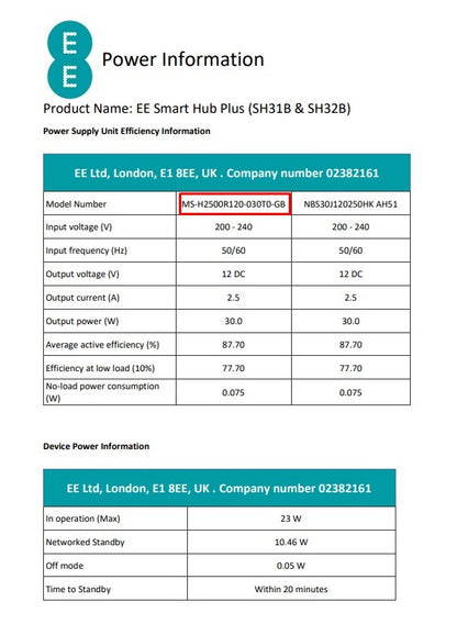 EE Smart Hub Plus Power Supply technical information sheet
