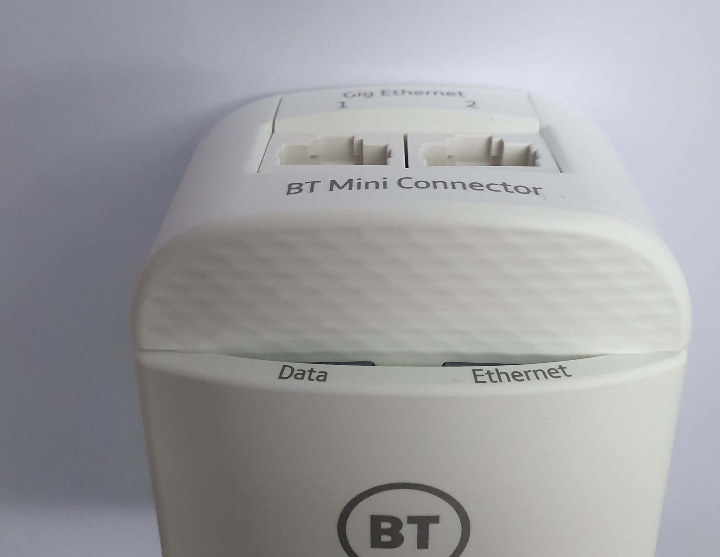 BT Mini Connector Kit Twin Powerline Network 1GB Gigabit Ethernet Adapters Top View showing Data and Ethernet Lights