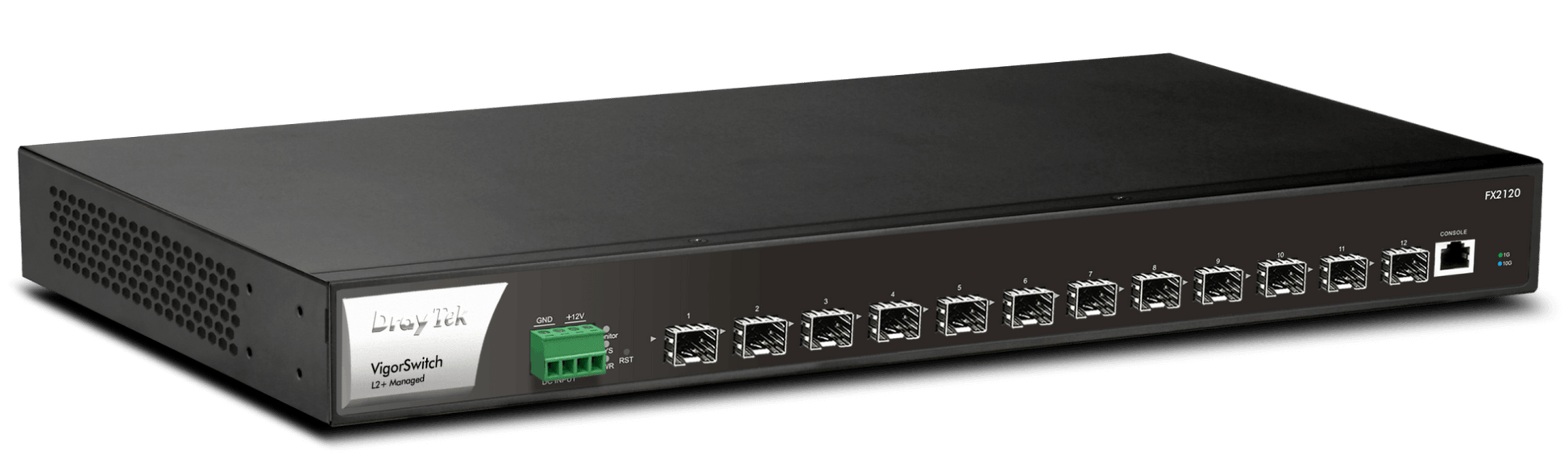 DrayTek VigorSwitch FX2120 Full Fibre 10G Layer 2+ Managed Switch Front View 240GBps Switching Capacity Left View