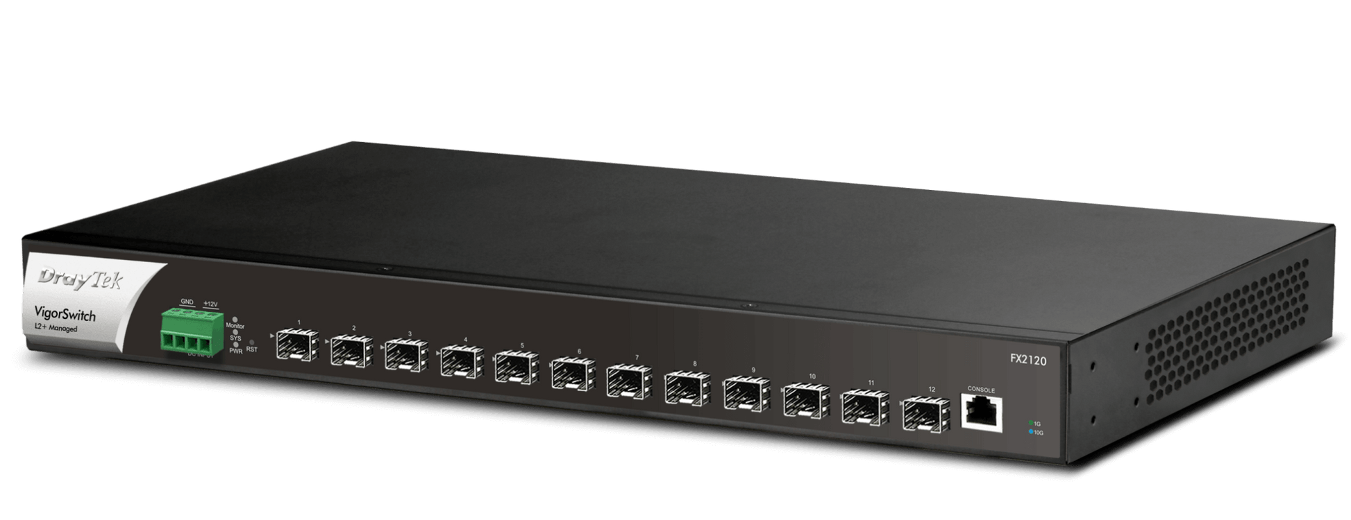 DrayTek VigorSwitch FX2120 Full Fibre 10G Layer 2+ Managed Switch Front View 240GBps Switching Capacity Right View 2
