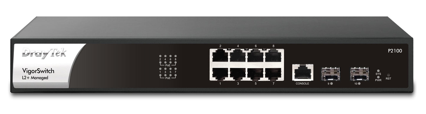 DrayTek Vigor Switch P2100 Layer 2+ PoE+ 8-Port Front View