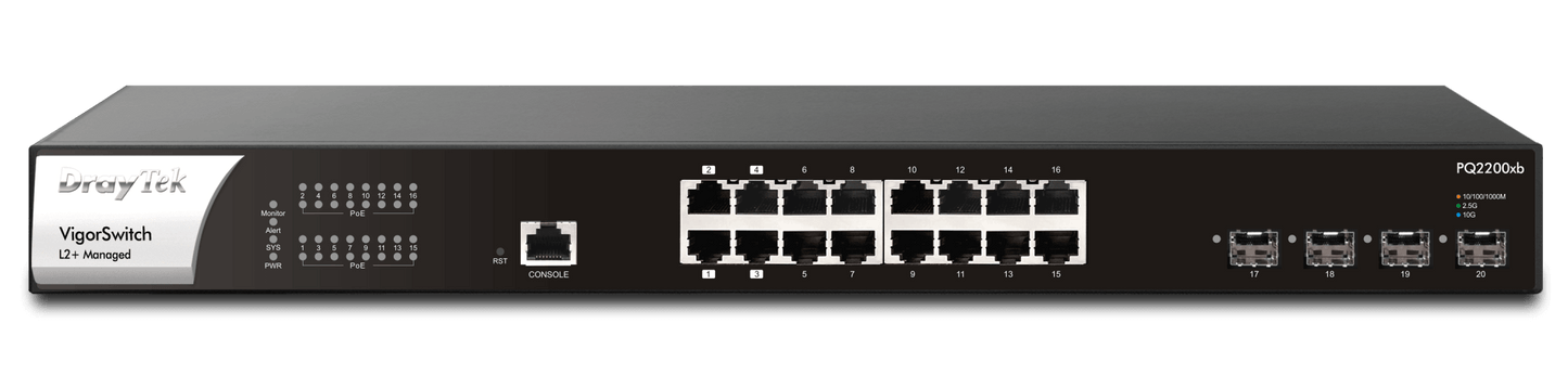 DrayTek VigorSwitch PQ2200xb 16x2.5GBe Network Ports POE++ Managed Switch 900w 160GBPs Switching Capacity Front View