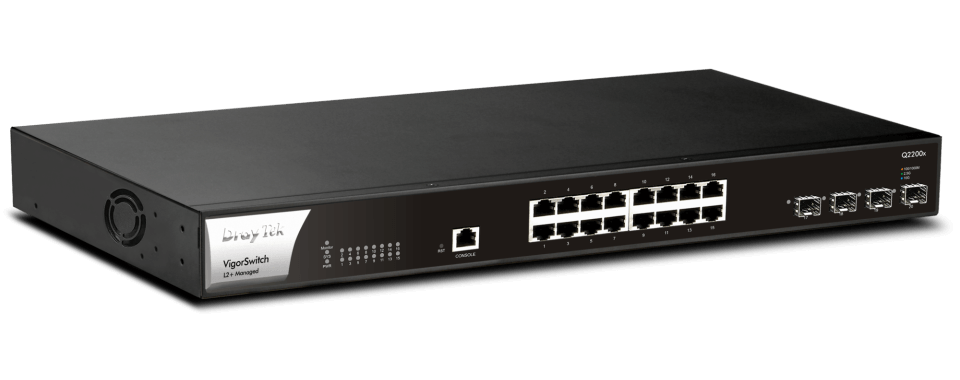 DrayTek VigorSwitch q2200x Advanced Layer 2+ Managed Switch 16 2.5GBe Network Ports 4 Gigabit SFP+ UPlinks Front View Showing Ports