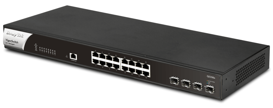 DrayTek VigorSwitch q2200x Advanced Layer 2+ Managed Switch 16 2.5GBe Network Ports 4 Gigabit SFP+ UPlinks Right View Showing Ports