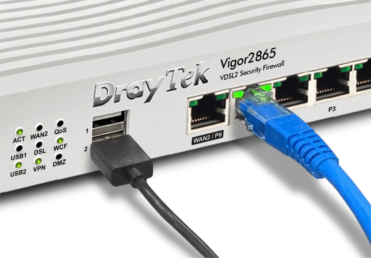 DrayTek 2865 Dual-WAN ADSL+/VDSL2 Router Front View Showing Connected Cables