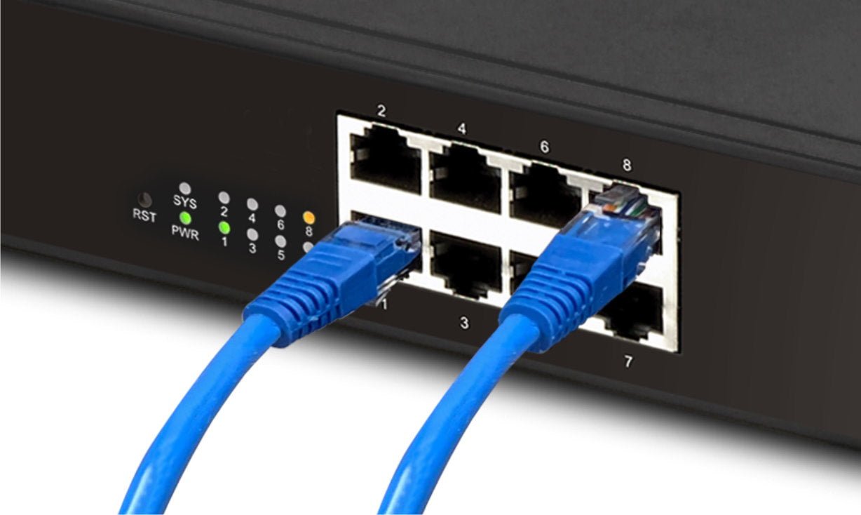 DrayTek VigorSwitch G1085 8 Port Gb Enterprise Level Managed Switch Cables Shown
