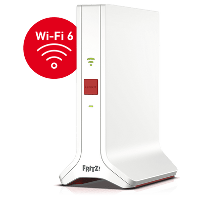 FRITZ!Repeater 3000 AX by AVM Wi-Fi 6 With three radio units total data throughput of up to 4200 Mbits 2 Gigabit Lan Ports WPA32 Transition Mode Front View