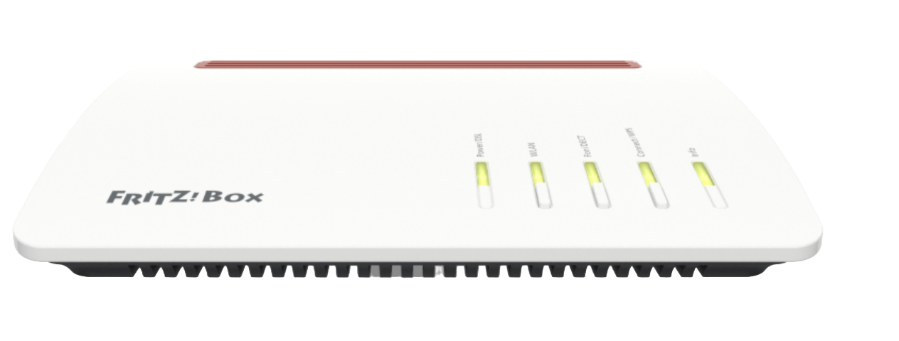 Fritzbox 7590 modem Wi-Fi Dual-Band Media Server NAS DSL Supervectoring Modem Router Front View Showing LEDS